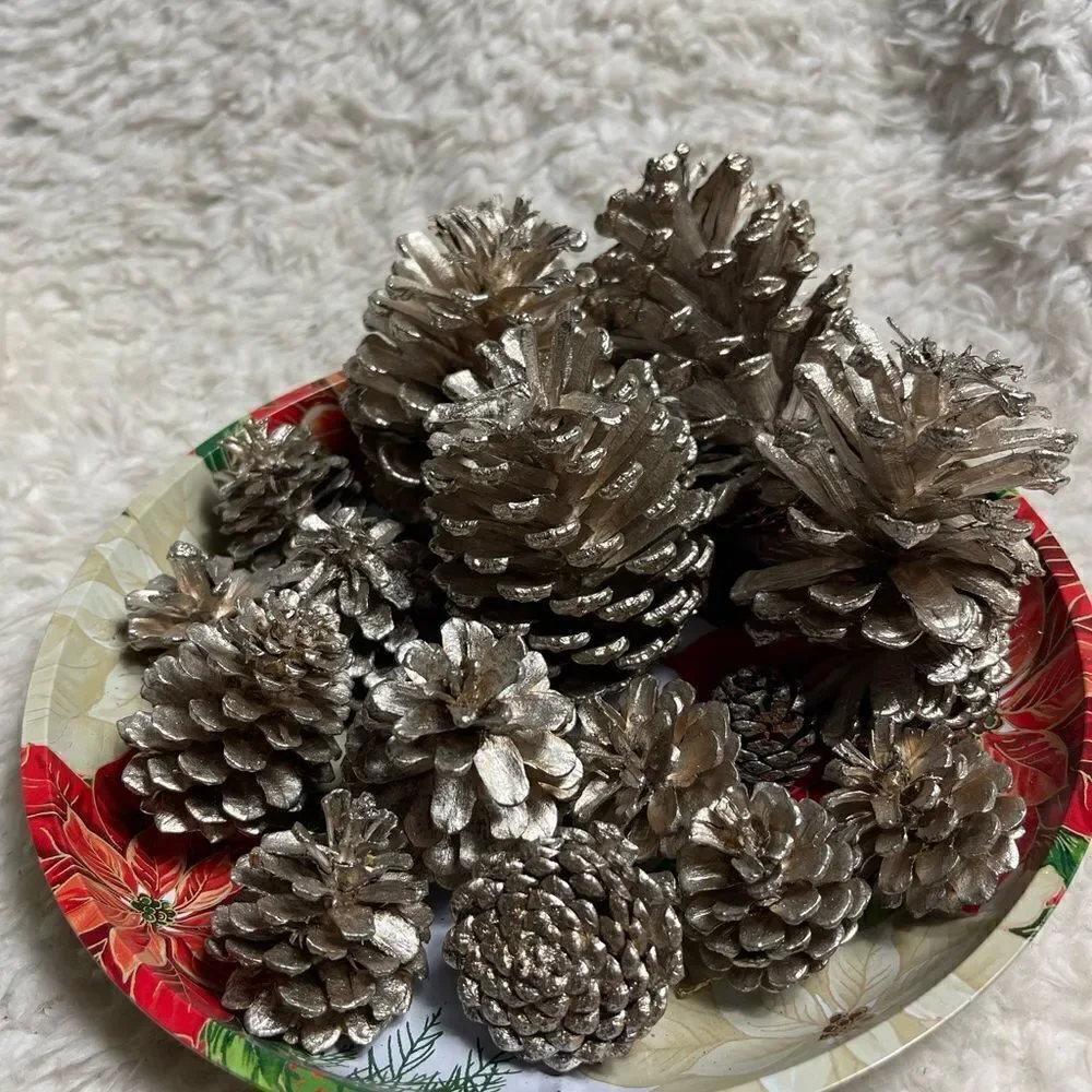 Set of 14 silvery gold Pine Cones 4,3,2” for  Holiday Home Decor